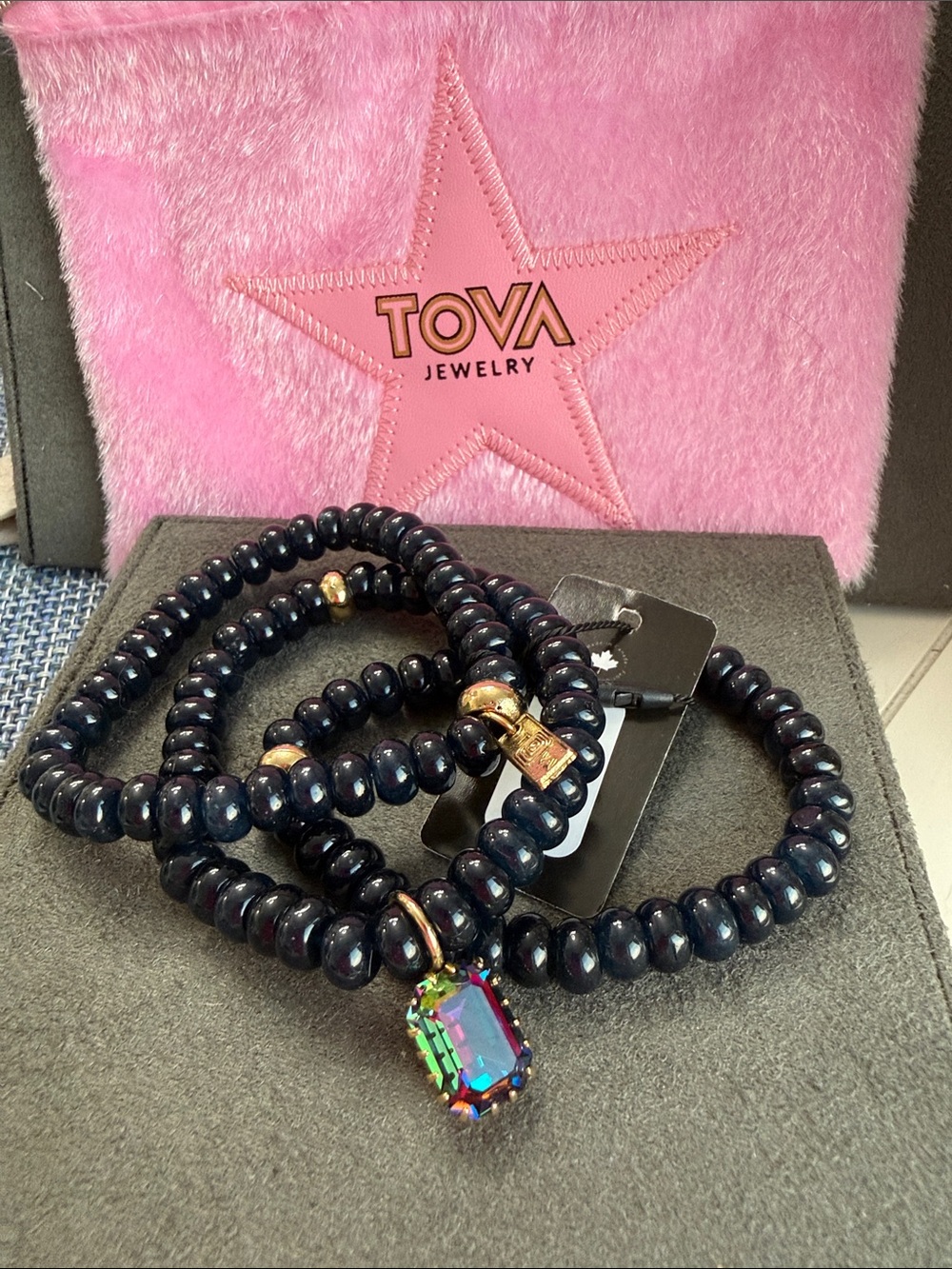 Dark Blue Beaded Wrap Bracelet with Multicolor Gem Charm - Picture 4 of 4